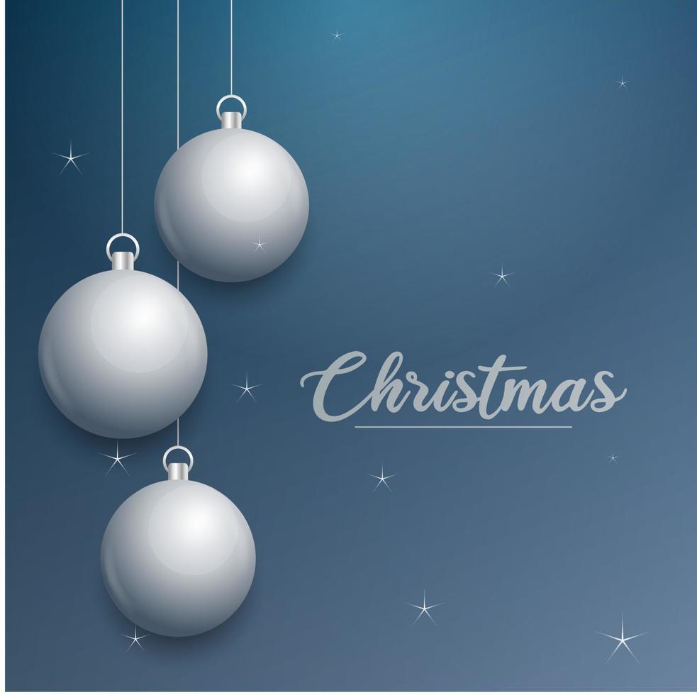 banner de natal de vetor com decorações. texto de feliz natal. enfeites de prata no fundo azul
