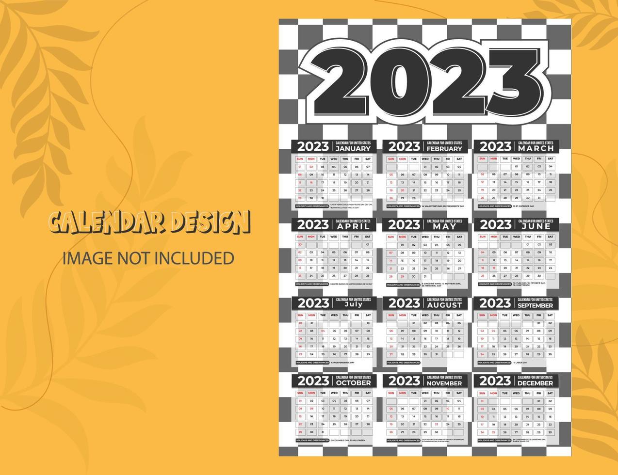modelo de calendário mensal feliz ano novo 2023. semana começa no domingo. calendário de parede em estilo minimalista. modelo de papelaria de design vetorial. cor de estilo plano. vetor