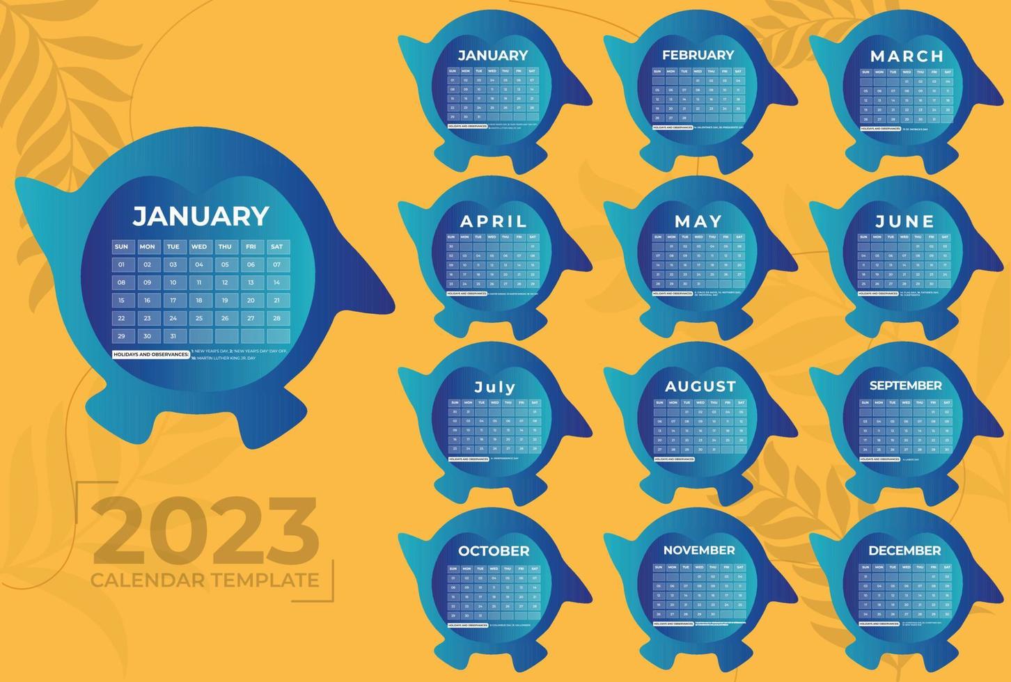 modelo de calendário mensal feliz ano novo 2023. semana começa no domingo. calendário de parede em estilo minimalista. modelo de papelaria de design vetorial. cor de estilo plano. vetor