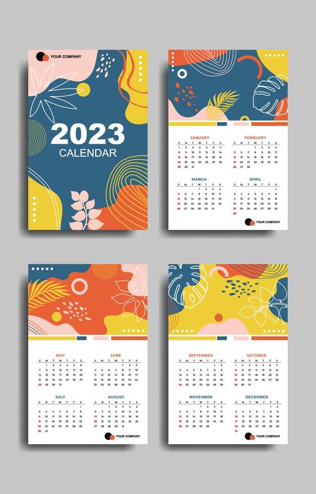 modelo abstrato de calendário 2023 com conceito de cor plana vetor