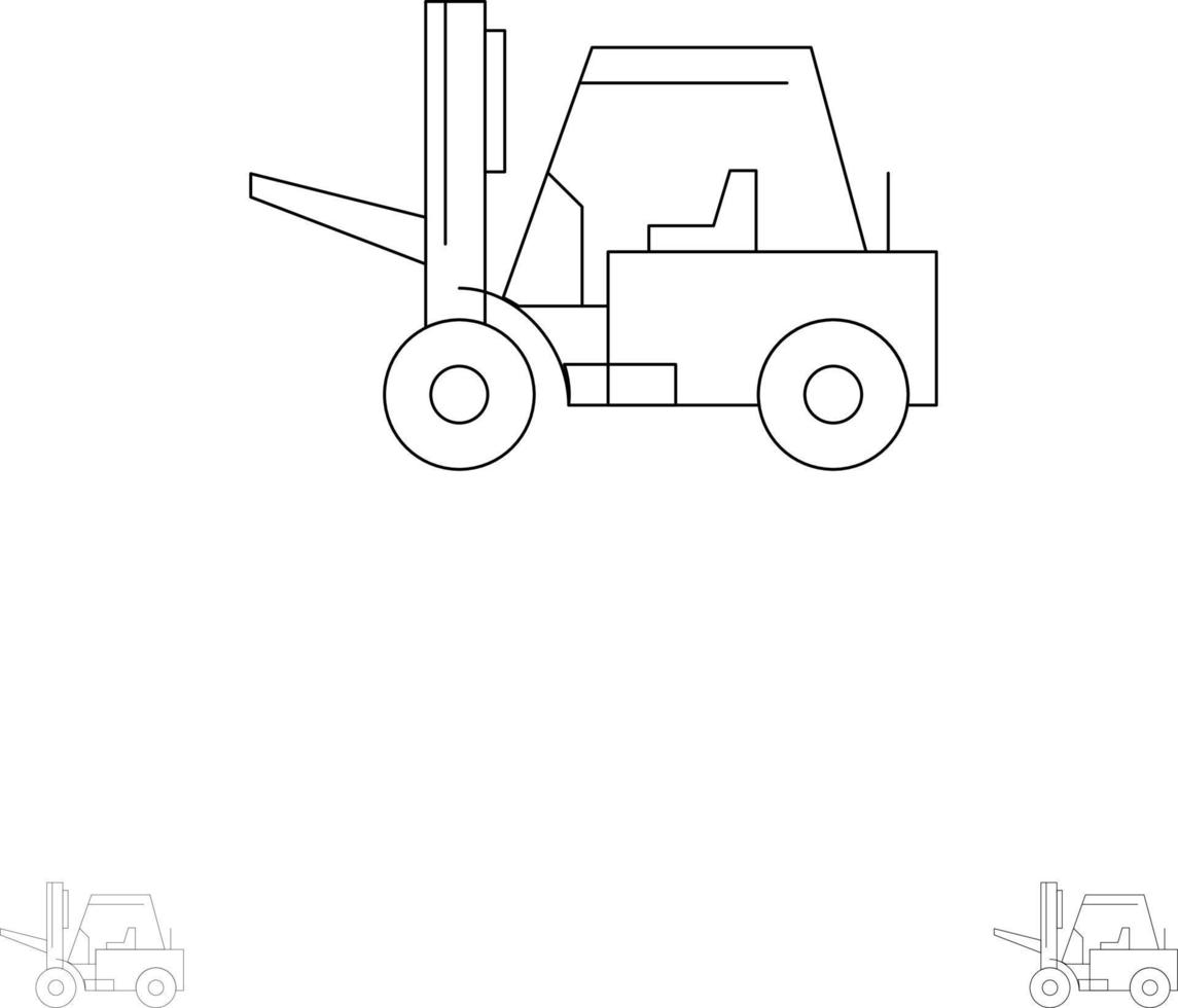 conjunto de ícones de linha preta em negrito e fino de transporte de caminhão de elevação levantador vetor