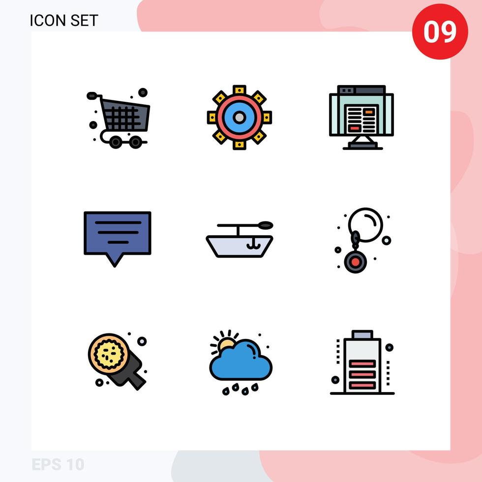 9 interface do usuário pacote de cores planas de linha cheia de sinais e símbolos modernos de brincos mensagem de aplicativo de barco bolha elementos de design de vetores editáveis