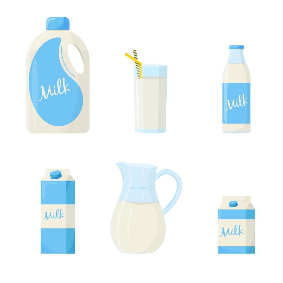 conjunto de leite em diferentes pacotes de vidro, caixa, garrafa. elementos para design de produtos agrícolas, alimentos saudáveis. ilustração em vetor plana.