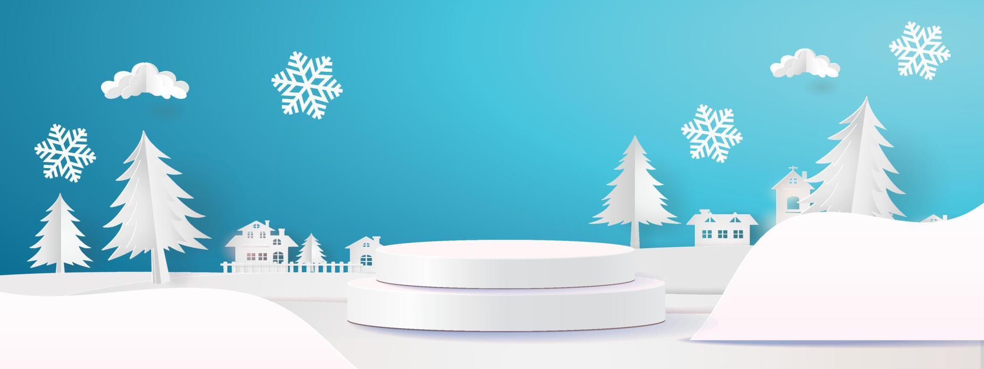 pódio de produto de inverno de natal flocos de neve e ilustração vetorial de neve banner de produto de venda papel de paisagem florestal 3d vetor