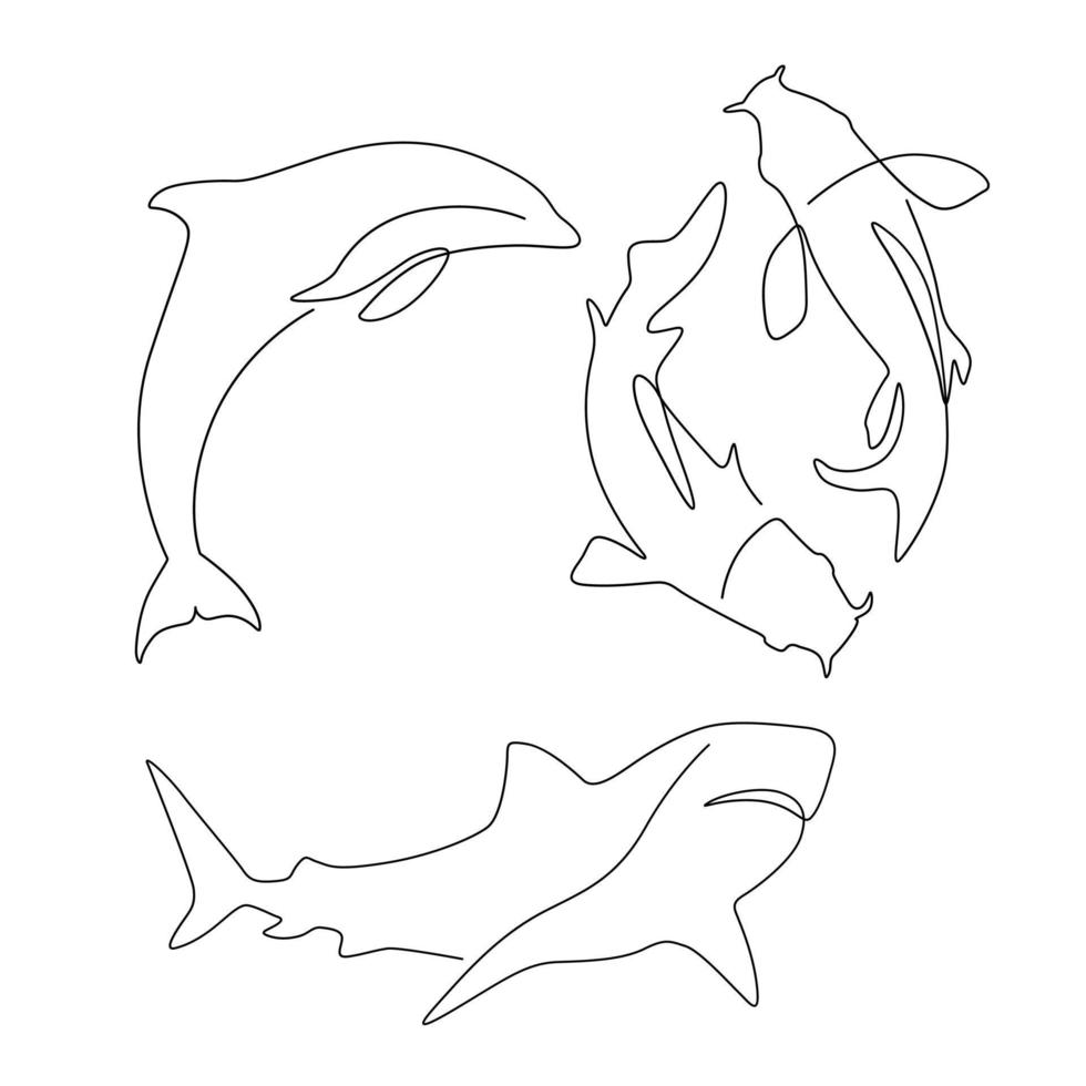 conjunto de golfinhos de peixes de animais marinhos, tubarão, arte de linha koi, desenhados à mão para design de logotipo. vetor