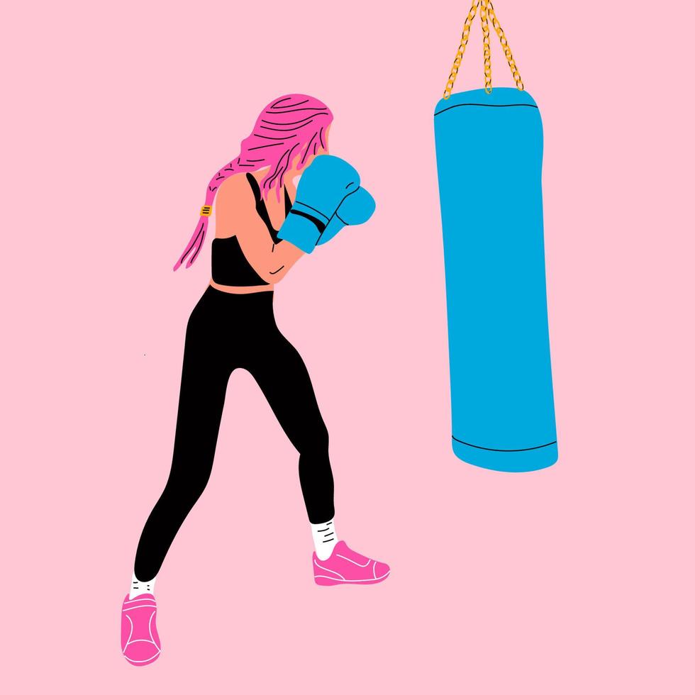 mulher em luvas de boxe posando no saco de pancadas em roupas esportivas. conceito de poder feminino. ilustração vetorial de desenho animado vetor