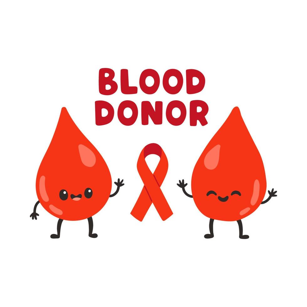 doador de sangue, gotas de sangue fofas e fita vermelha. ilustrações vetoriais desenhadas à mão. doar sangue, conceito de cuidados de saúde vetor