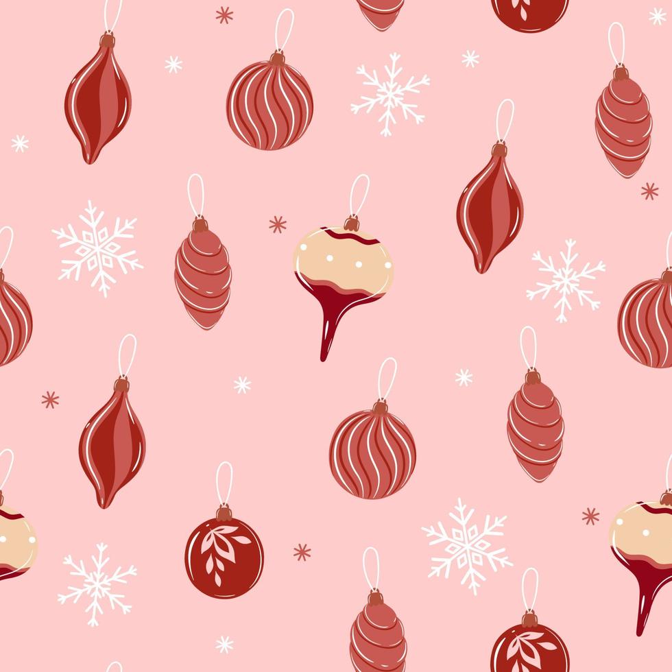 padrão perfeito com enfeites de árvore de natal nas cores rosa e vermelho e com gráficos snowflakes.vector. vetor