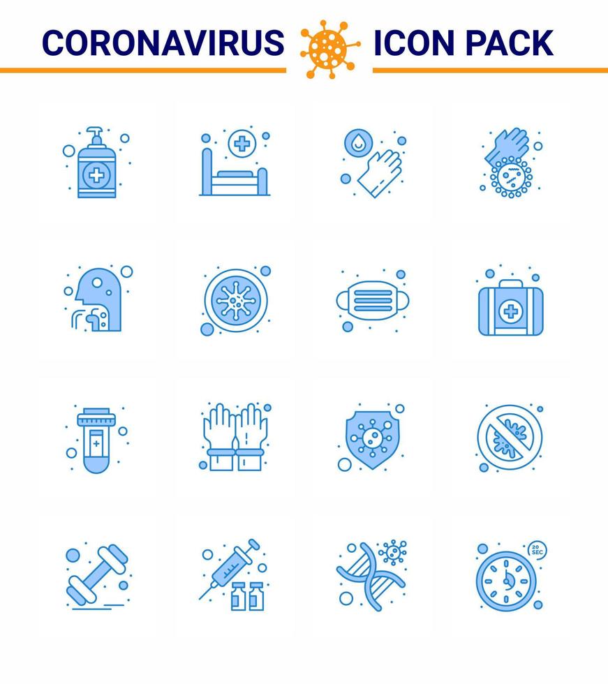 ícones de conscientização de coronavírus 16 ícone azul corona vírus relacionado à gripe, como homem, tosse, mãos, vírus, mãos sujas, coronavírus viral, elementos de design de vetor de doença de 2019nov