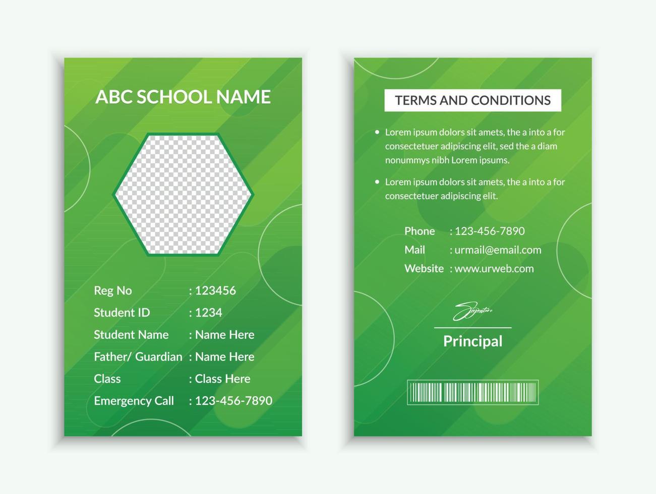 modelo de cartão de identificação escolar e layout de design de cartão de identidade de estudante universitário vatical vetor