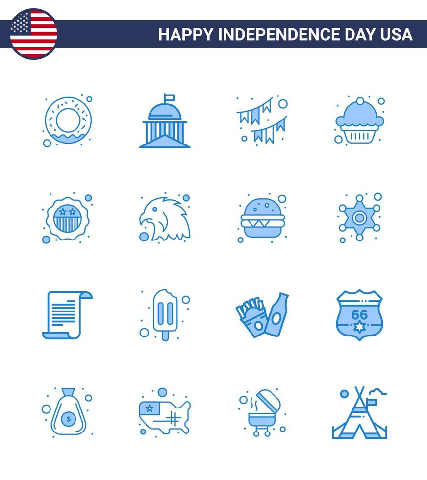 16 eua pacote azul de sinais do dia da independência e símbolos de muffin de segurança guirlanda de sobremesa americana editável elementos de design do vetor do dia dos eua