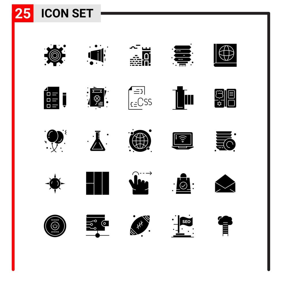 pacote de 25 sinais e símbolos de glifos sólidos modernos para mídia impressa na web, como livro de pesquisa, mapa de tijolos, lanterna, elementos de design vetorial editáveis vetor