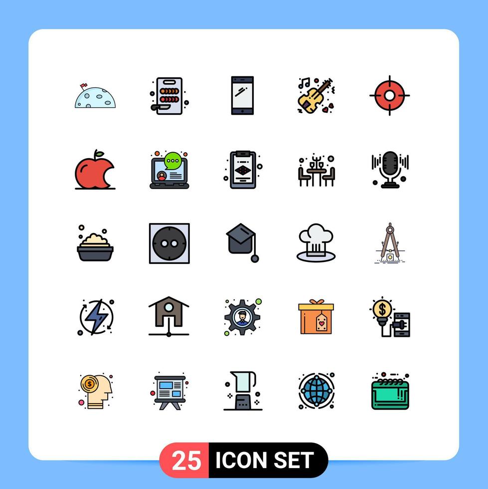 25 cores planas de linha preenchida universal definidas para aplicativos da web e móveis gps violino telefone música iphone elementos de design de vetores editáveis