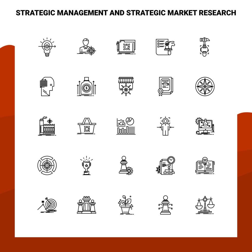 conjunto de gerenciamento estratégico e conjunto de ícones de linha de pesquisa de mercado estratégico 25 ícones design de estilo de minimalismo vetorial conjunto de ícones pretos pacote de pictograma linear vetor