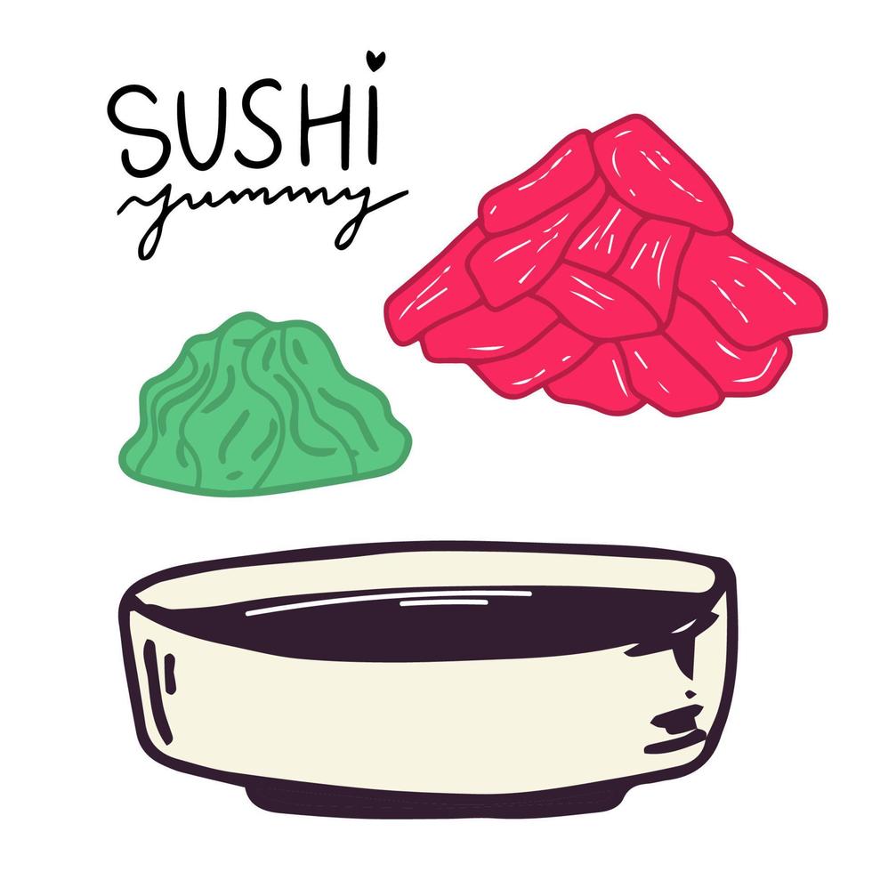 objeto vetorial dos desenhos animados placa de molho de soja gengibre em conserva wasabi para sushi vetor