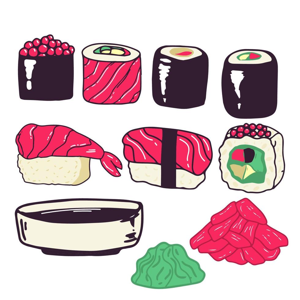 sushi definido em branco. isolado no branco desenho vetorial objeto prato de molho de soja gengibre em conserva wasabi para sushi vetor