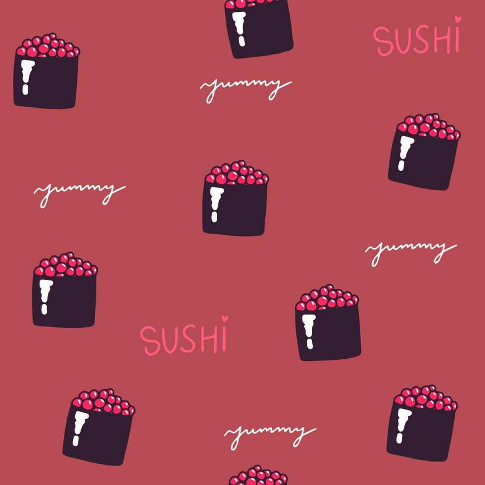 ícones isolados de sushi em padrão sem emenda, ilustração vetorial. design de papel de embrulho para pacotes de entrega de comida de restaurante japonês. prato de frutos do mar da cozinha asiática tradicional, capa de menu de sushi e pãezinhos. vetor