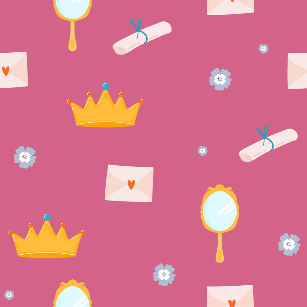 padrão sem emenda de princesinha. rosa brilhante, cinza, cores creme. ilustração de coroas e pequenos corações vetor