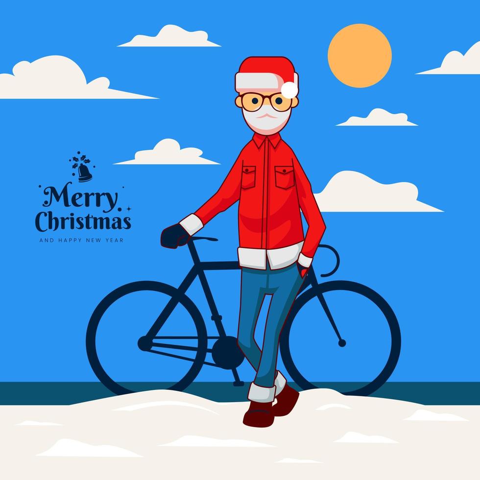 homem de evento de feliz natal usa costume como uma moda de papai noel com bicicleta vetor