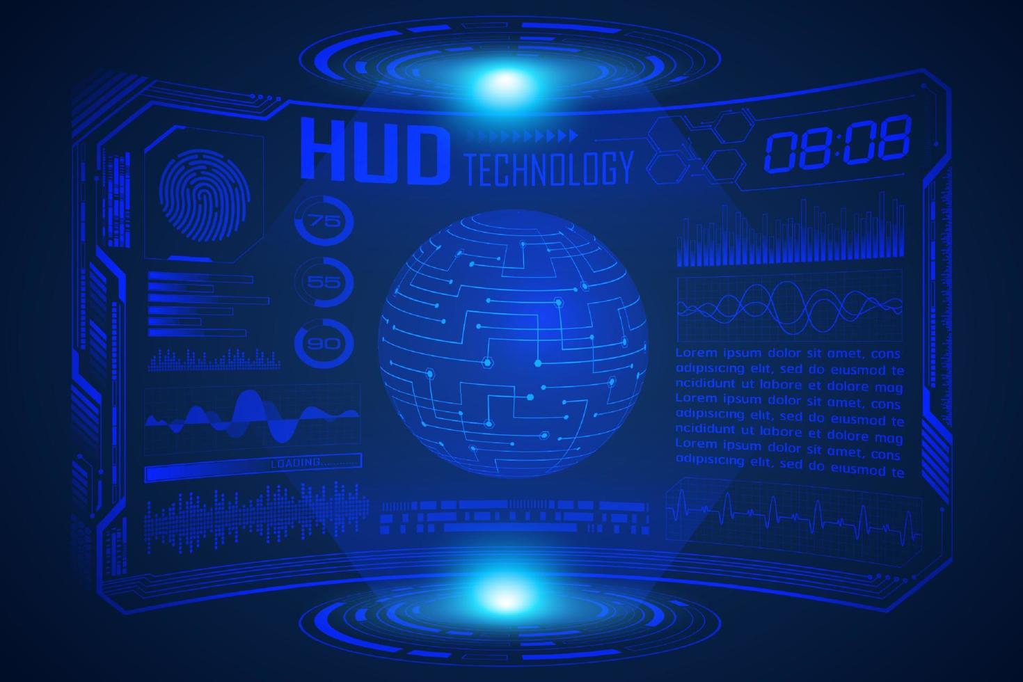 fundo de tela de tecnologia hud moderno azul com mapa-múndi vetor