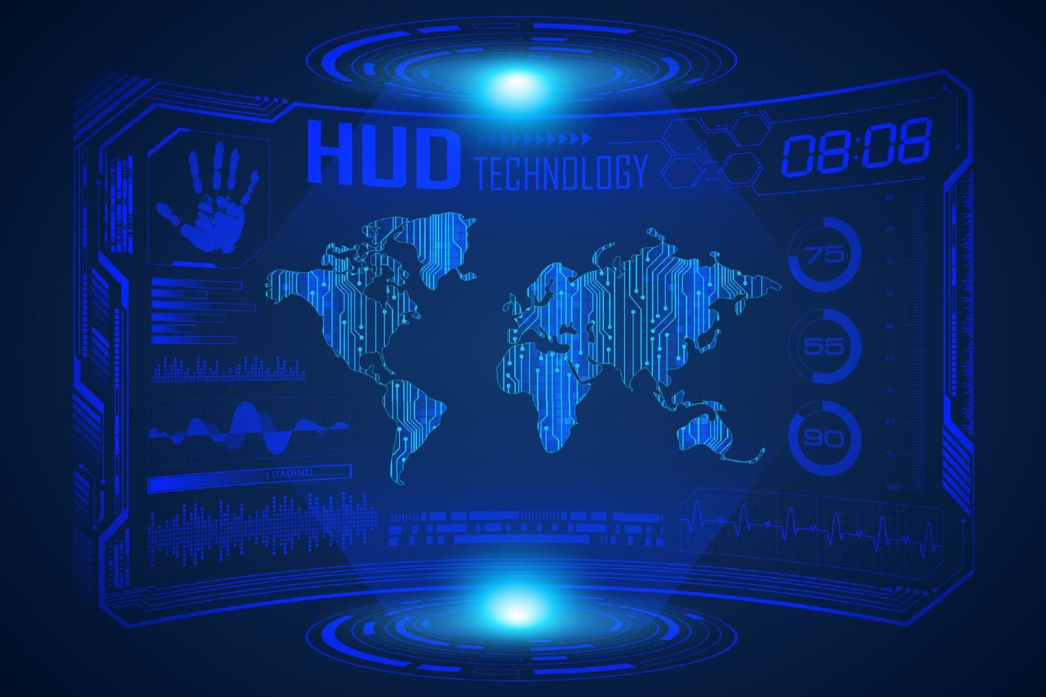 fundo de tela de tecnologia hud moderno azul com mapa-múndi vetor