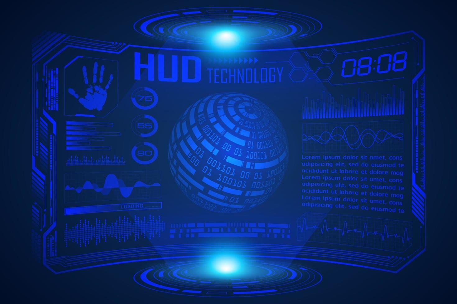 fundo de tela de tecnologia hud moderno azul com mapa-múndi vetor