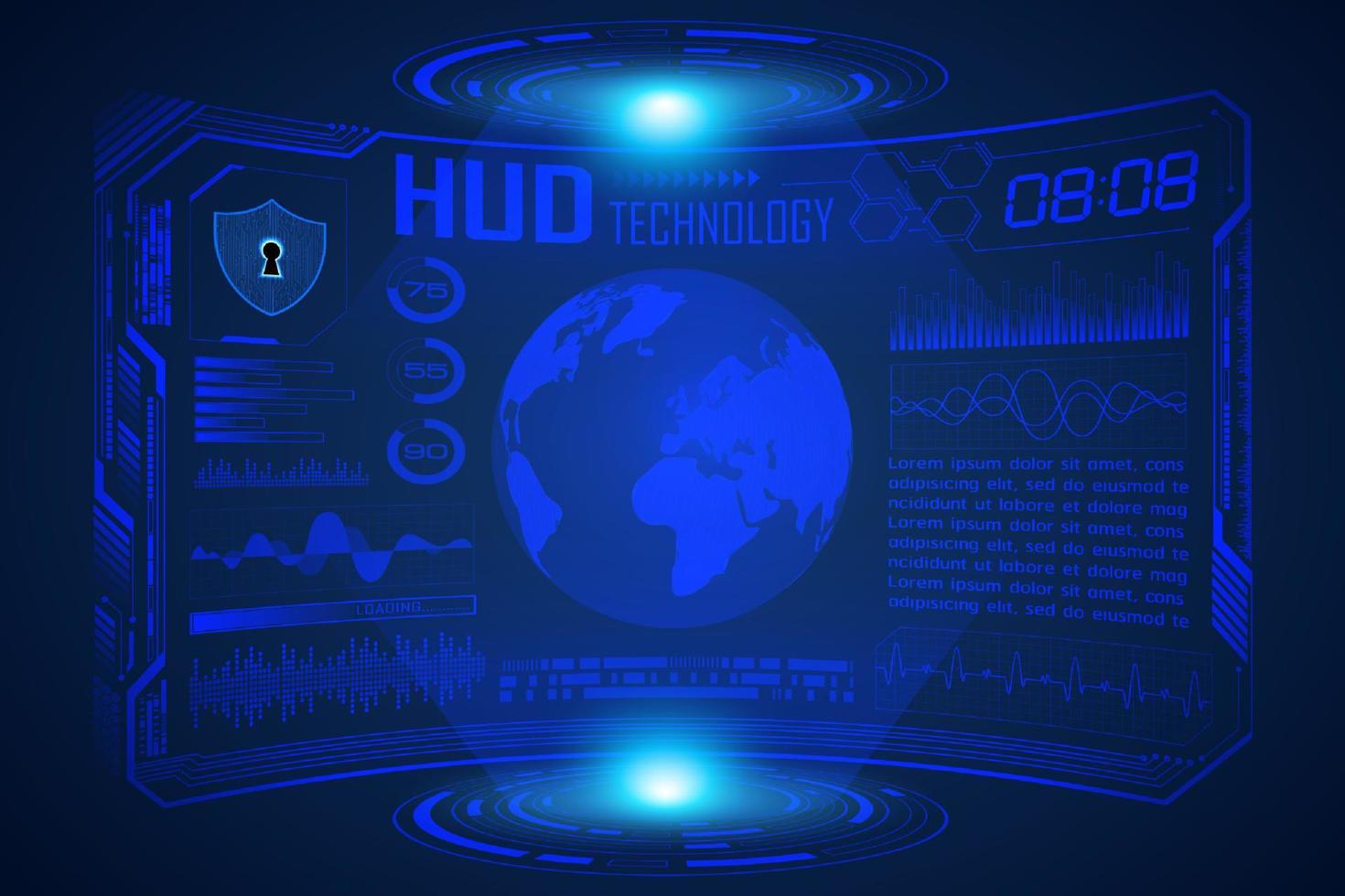 fundo de tela de tecnologia hud moderno azul com mapa-múndi vetor