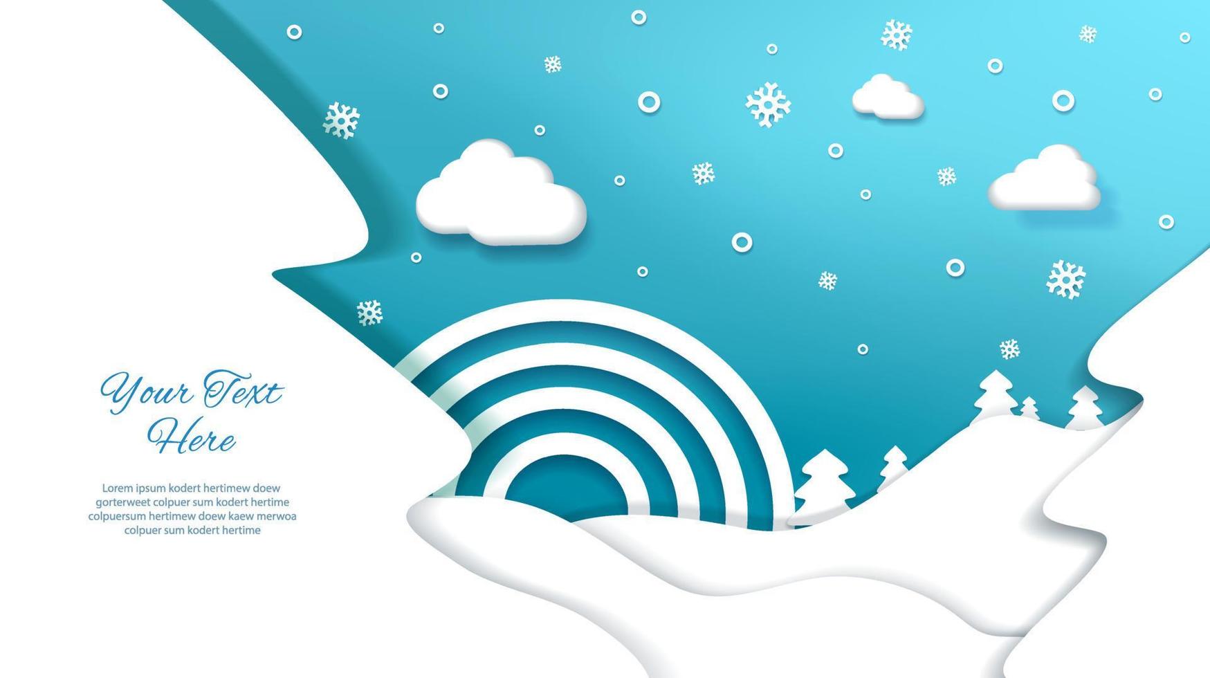 flocos de neve de natal com nuvens. fundo papercut com texto de saudação. ilustração vetorial. vetor livre