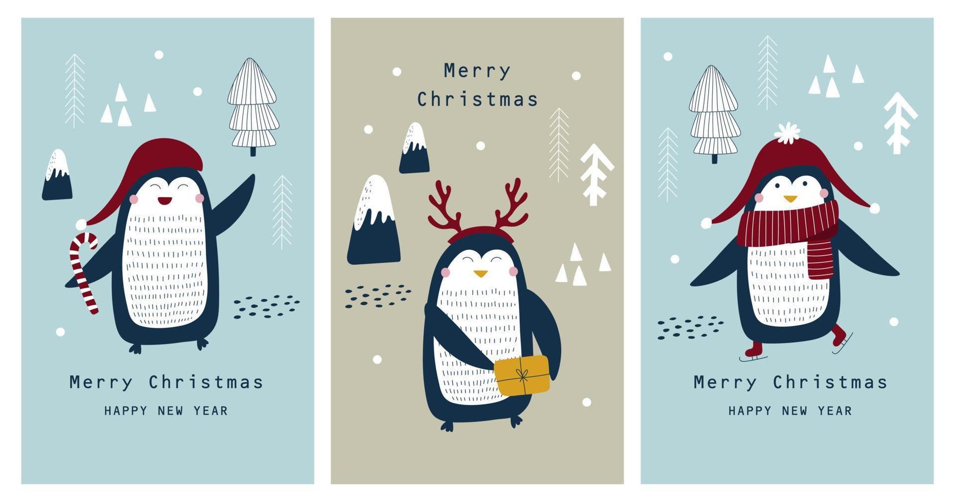 cartão de natal com pinguim fofo. ilustrações vetoriais vetor