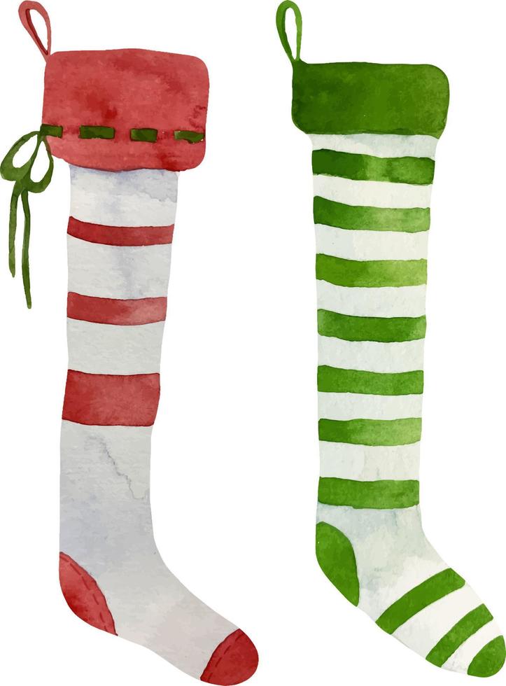 conjunto de meias listradas de natal longas tradicionais em aquarela. guarnição de pele e meias clássicas de cor vermelha, verde e branca combinam. vetor