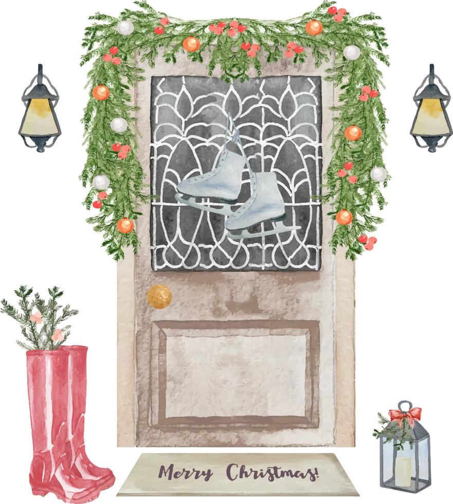 ilustração de porta da frente marrom de Natal em aquarela. guirlanda de natal na porta no inverno, ilustração de arte pintada com aquarelas isoladas no fundo branco vetor