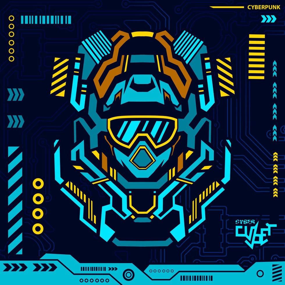 capacete de motocross trilha fullface aventura design azul cyberpunk com fundo escuro. ilustração em vetor tecnologia abstrata.