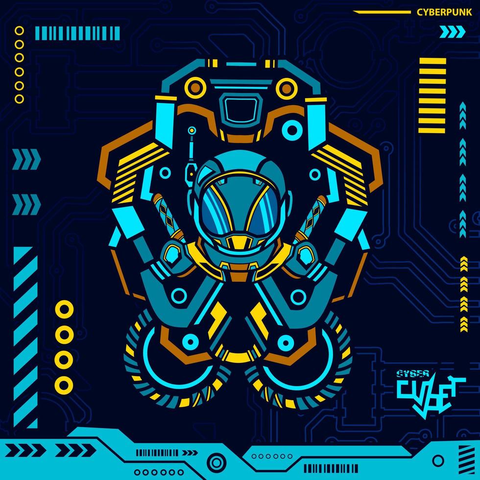 O astronauta explora o design azul cyberpunk da galáxia com fundo escuro. ilustração em vetor tecnologia abstrata.