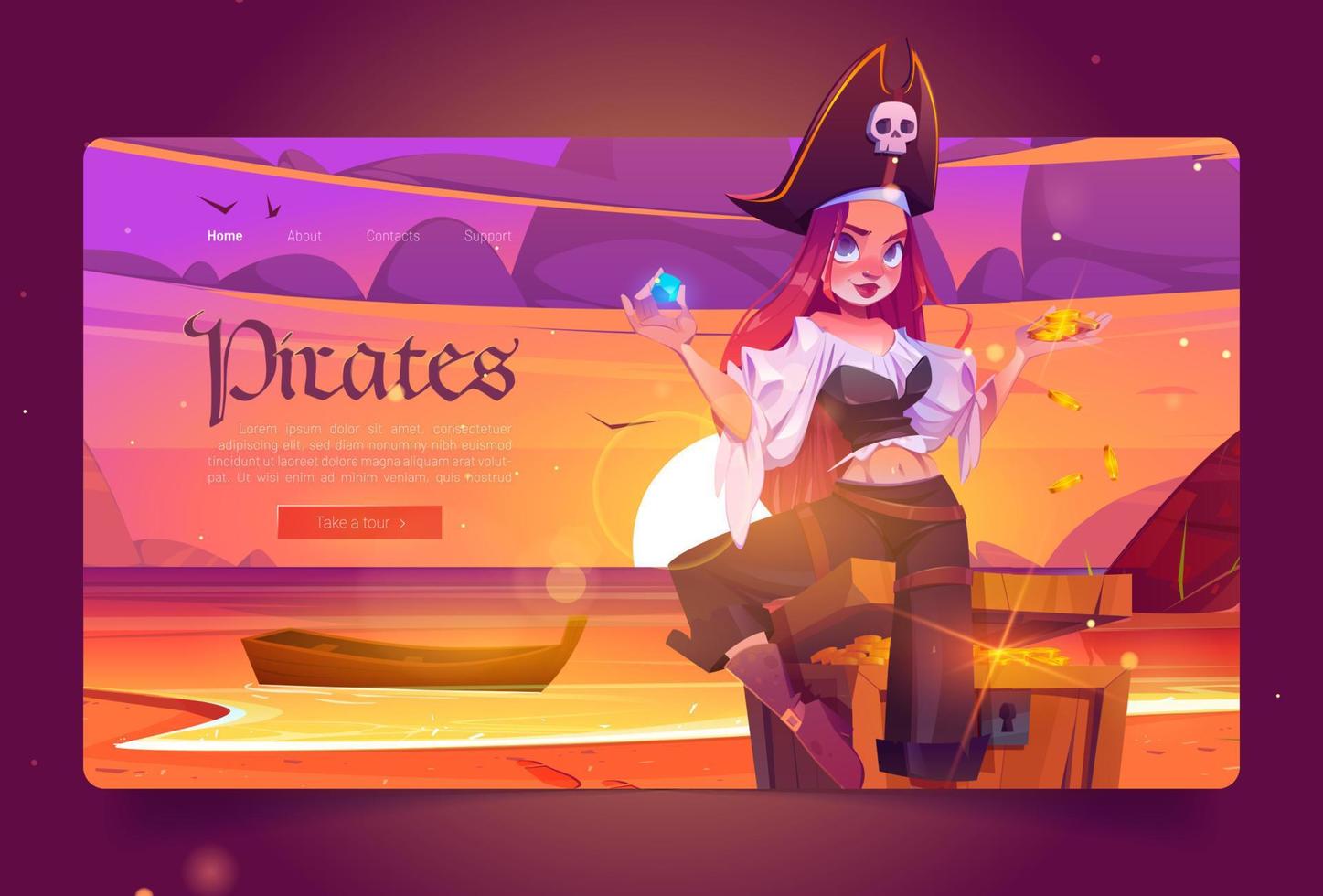 banner de piratas com capitão de menina e tesouro vetor