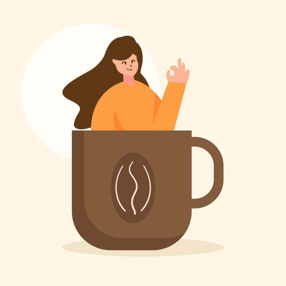 desenho animado fofo e feliz ilustração de mulher de café para ícone de adesivo mascote e logotipo vetor