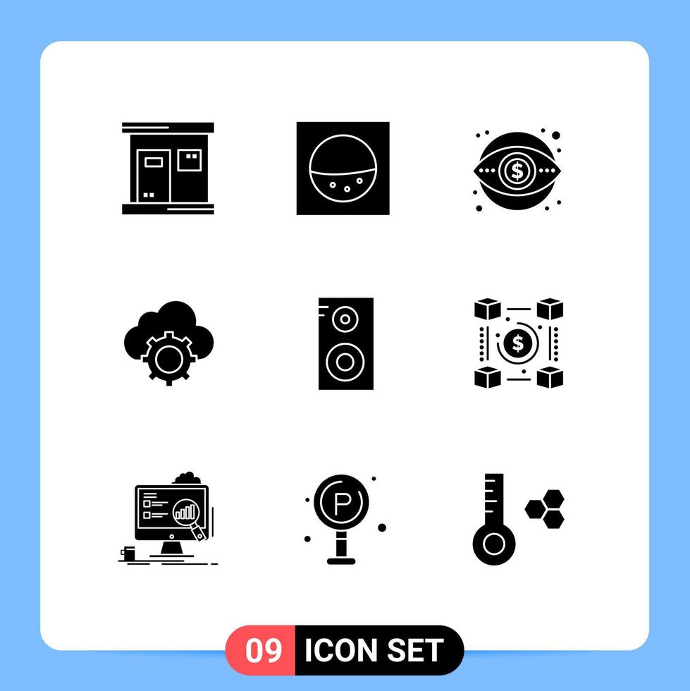 pacote de 9 sinais e símbolos de glifos sólidos modernos para mídia impressa na web, como configurações de classe de música, elementos de design de vetores editáveis em nuvem de marketing