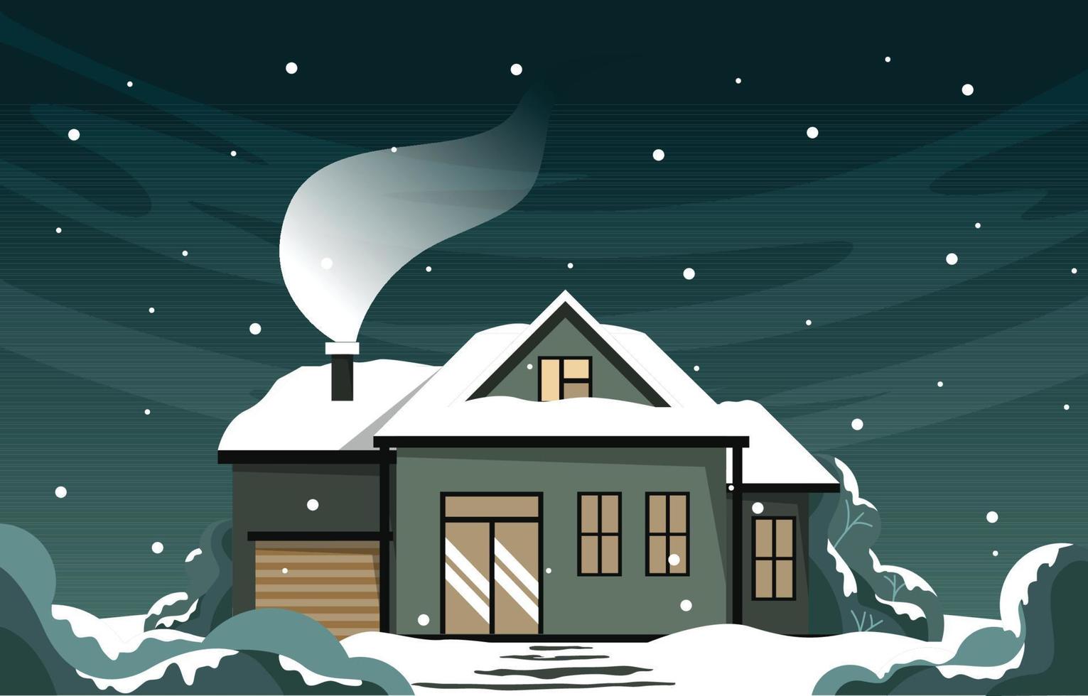 casa em casa na ilustração de inverno de queda de neve à noite vetor