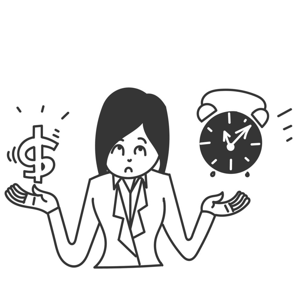 mulher de negócios de rabiscos desenhados à mão confusa para escolher entre ilustração de dinheiro e tempo vetor