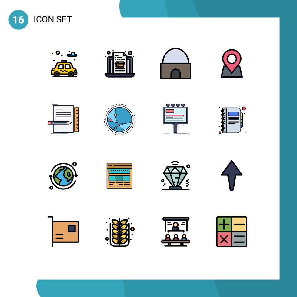 grupo de símbolos de ícone universal de 16 linhas preenchidas de cores planas modernas de código de arquivo mapa de pinos de construção islâmica editável elementos de design de vetor criativo