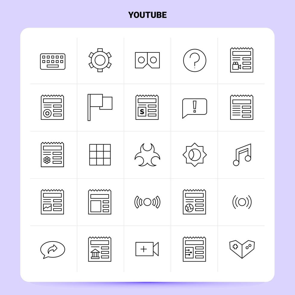 delinear 25 conjunto de ícones do youtube vetor design de estilo de linha ícones pretos conjunto de pictograma linear pacote de ideias de negócios móveis e web design ilustração vetorial