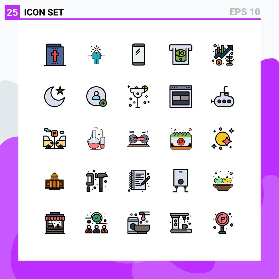 conjunto de pictogramas de 25 cores planas de linha preenchida simples de crescimento, dinheiro, telefone, dinheiro, iphone, elementos de design de vetores editáveis