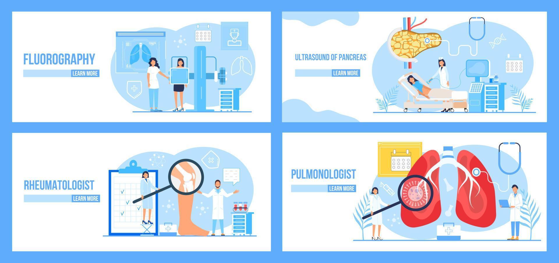 fluorografia, reumatologista, pâncreas, vetor de conjunto de conceito de pneumologista. fibrose pulmonar, tuberculose, ilustração de pneumonia para site
