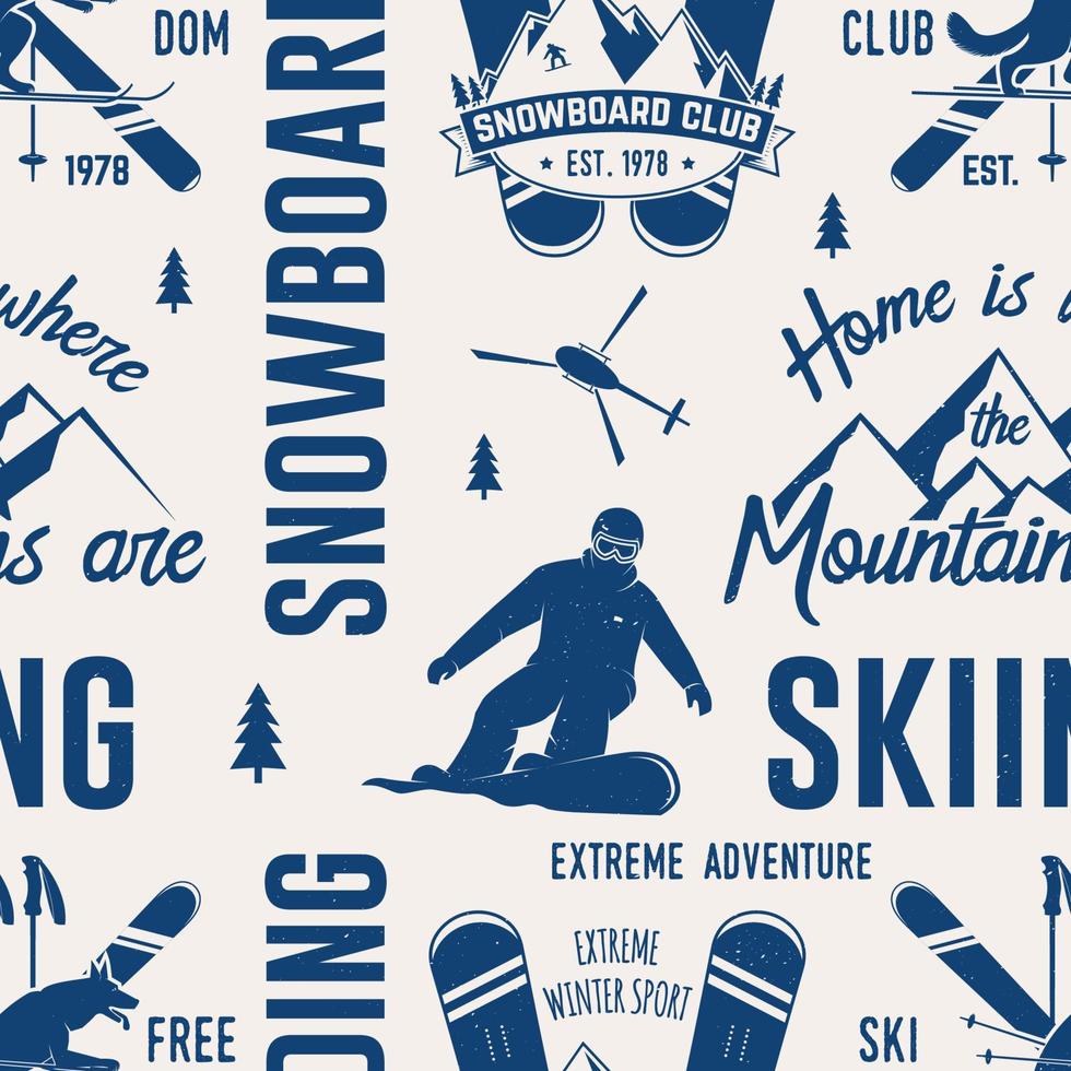padrão sem emenda do clube de esqui e snowboard. ilustração vetorial. vetor