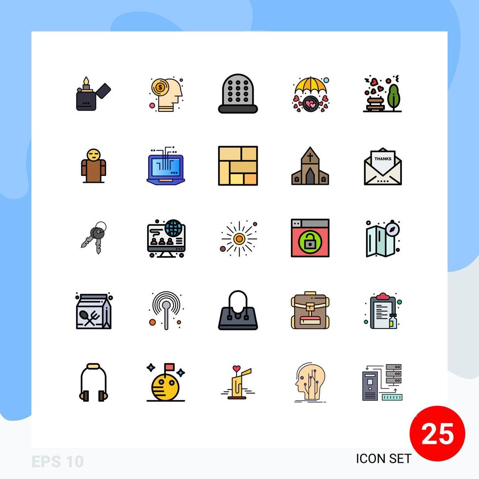 25 interface do usuário linha cheia pacote de cores planas de sinais e símbolos modernos de guarda-chuva de costura de jardim de parque elementos de design de vetores editáveis de cuidado de amor