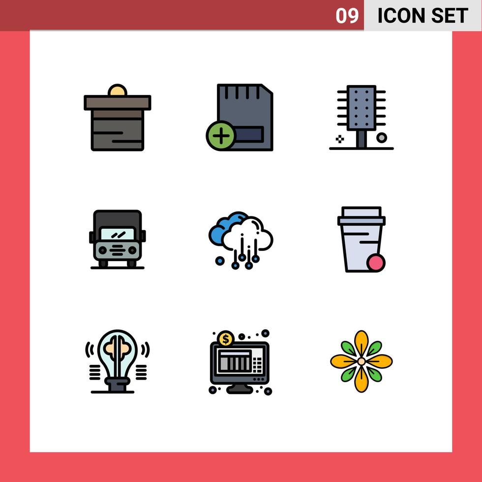 grupo de 9 sinais e símbolos de cores planas de linha preenchida para hardware de transporte de van auto penteado elementos de design de vetores editáveis