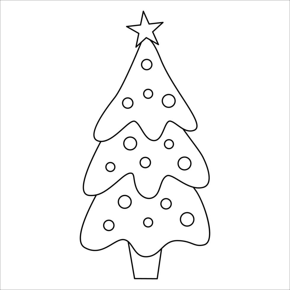 vector árvore de natal preto e branco com estrela no topo isolado no fundo branco. ilustração de símbolo de ano novo linha engraçada bonito. desenho de planta de inverno de contorno de natal para colorir