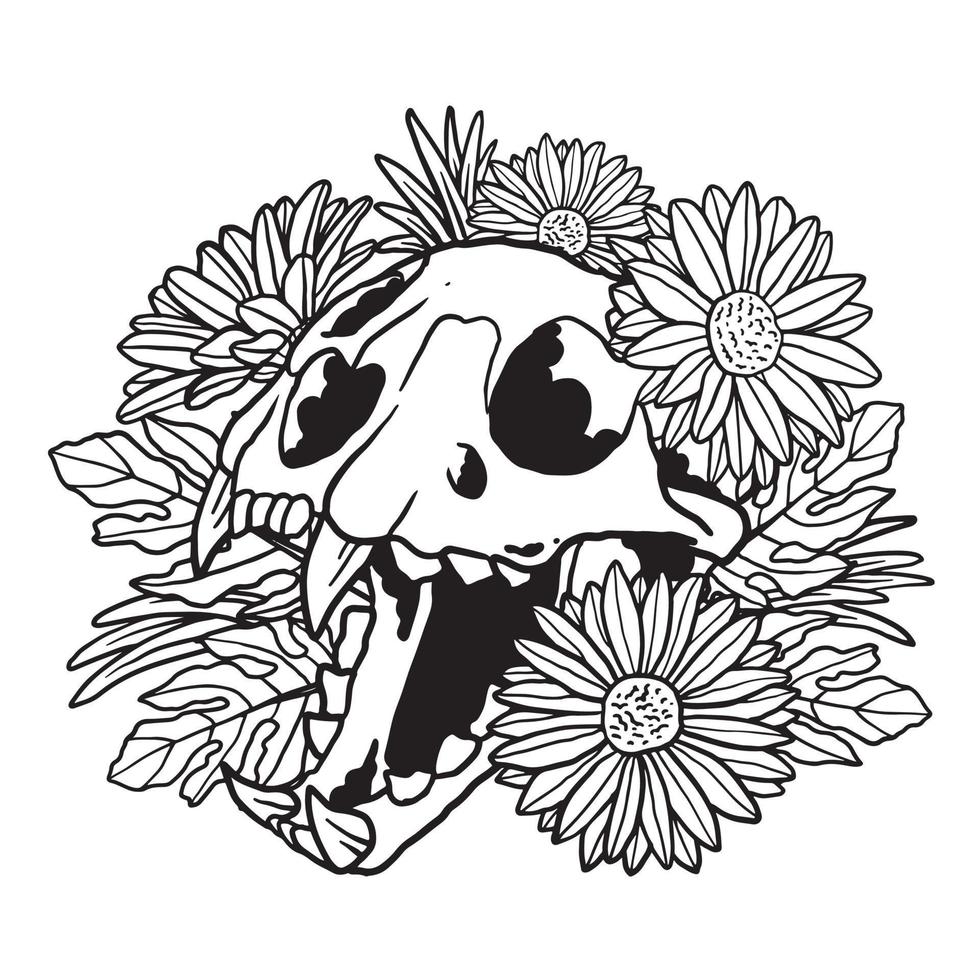flor de margarida floral ilustração de caveira de gato página para colorir vetor