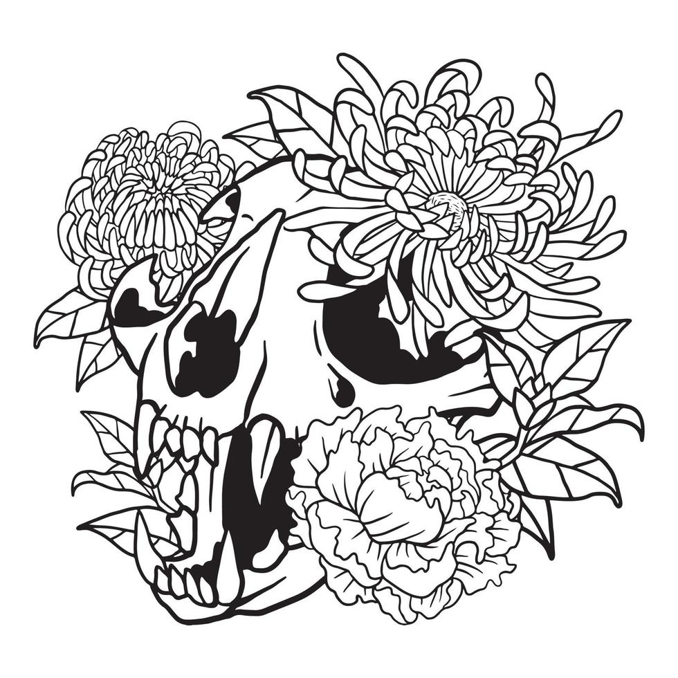 desenho de crânio de gato de flor de crisântemo floral para colorir vetor