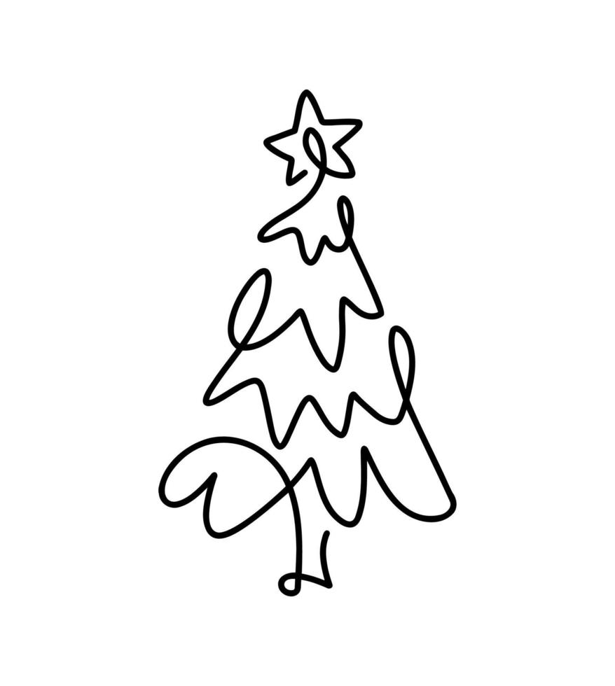 arte de linha de uma linha de arte de pinheiro de vetor de natal com estrela. desenho contínuo de uma linha. design minimalista de ilustração para o conceito de tipo de natal e ano novo