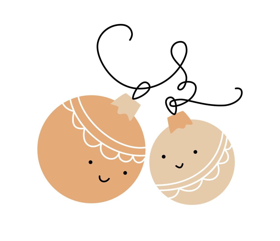 linha desenhada à mão duas bolas de amante felizes e fofas casal de brinquedo para árvore. feliz natal e feliz ano novo contorno ilustração isolada para a celebração das férias de inverno vetor